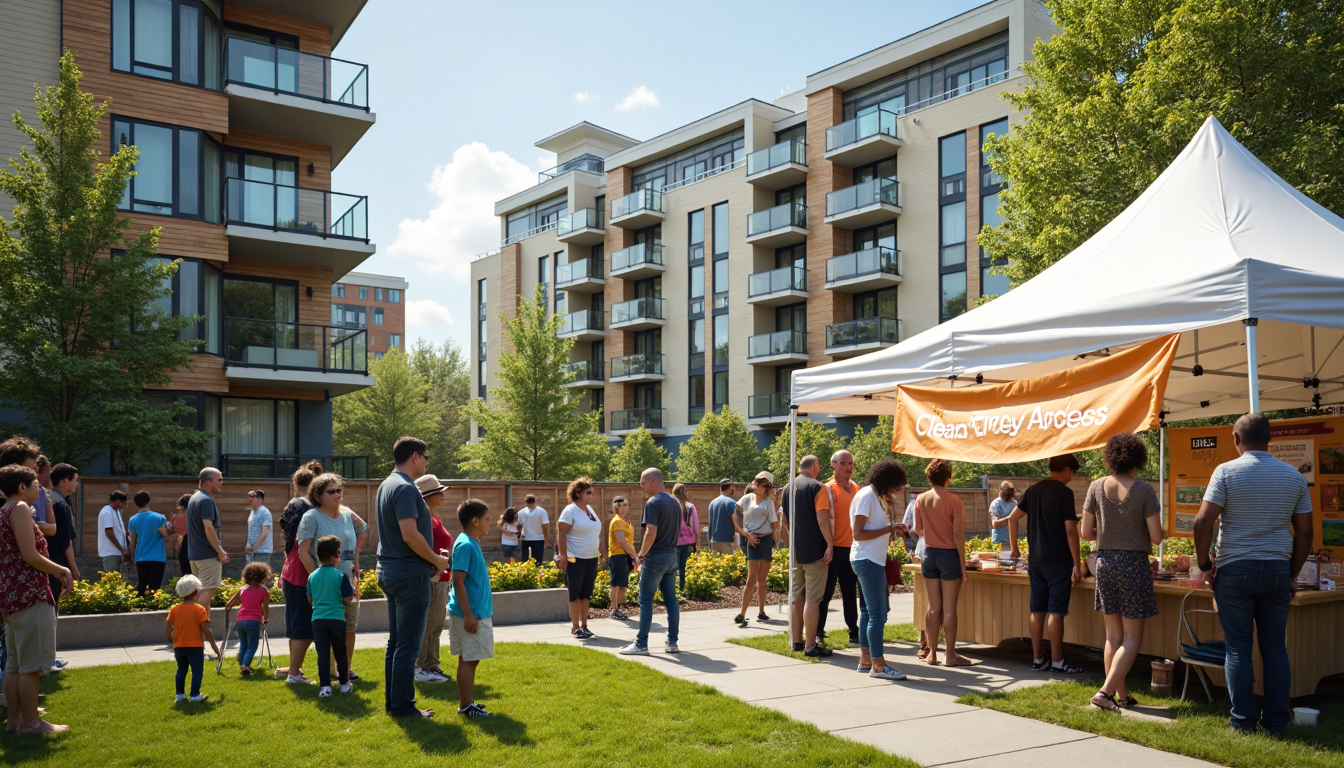 Diverse neighbors at solar event beside building with panels