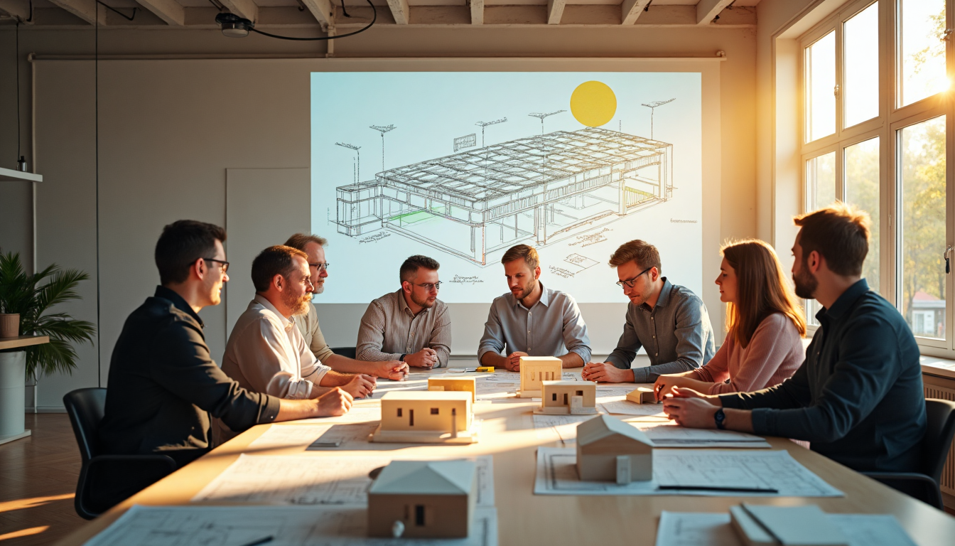 Architects planning brise soleil design with solar diagrams in bright office
