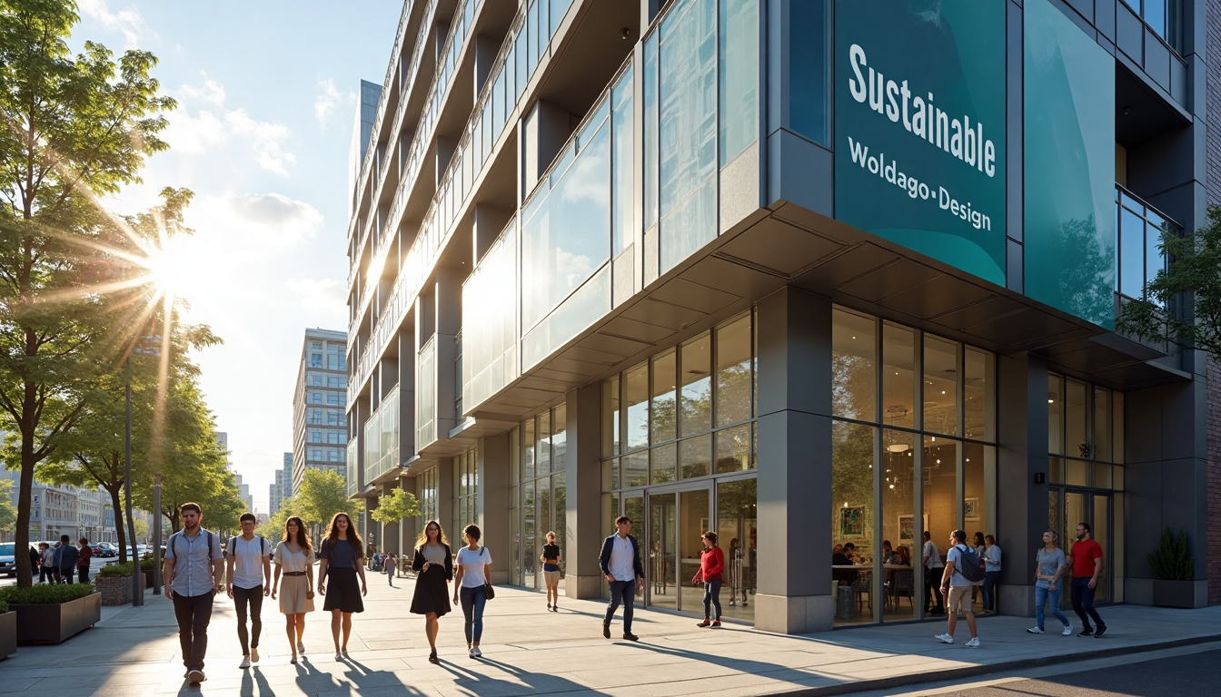 Modern building with brise soleil, people walking by, sustainable theme