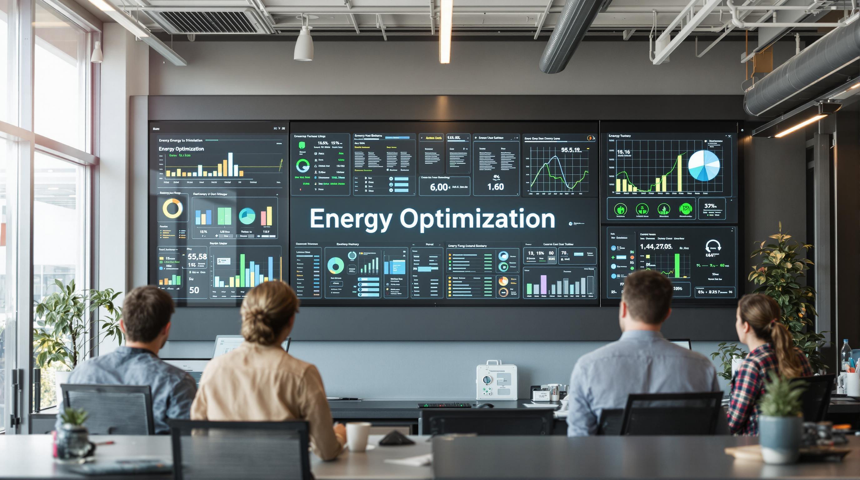 Engineers collaborating in building energy storage room with optimization dashboard
