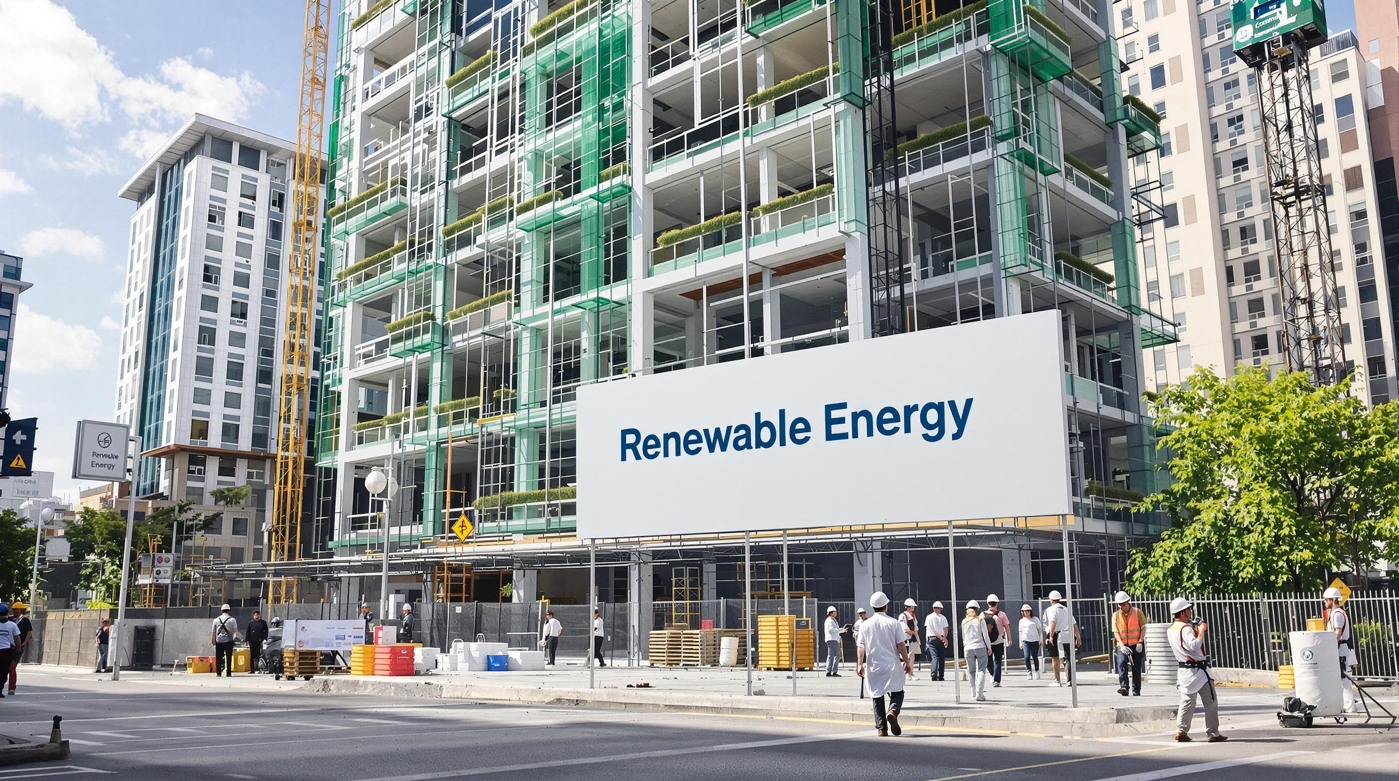 Architects and builders collaborating on a renewable energy construction site with solar facades