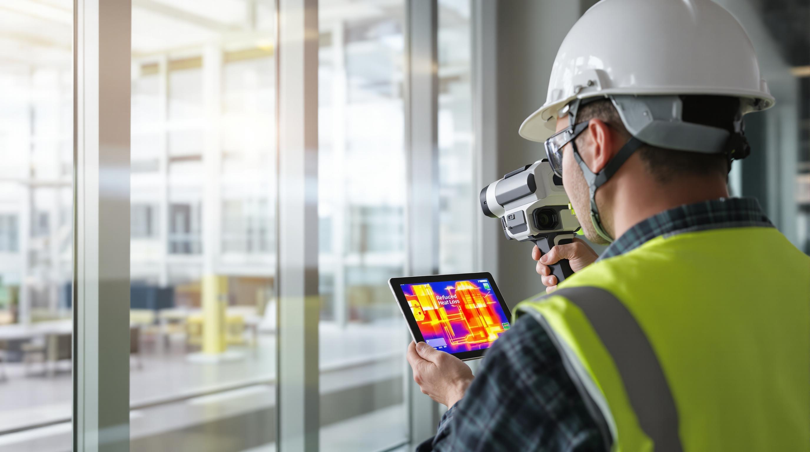 Engineer inspects insulated glass with heat camera and reduced heat loss overlay
