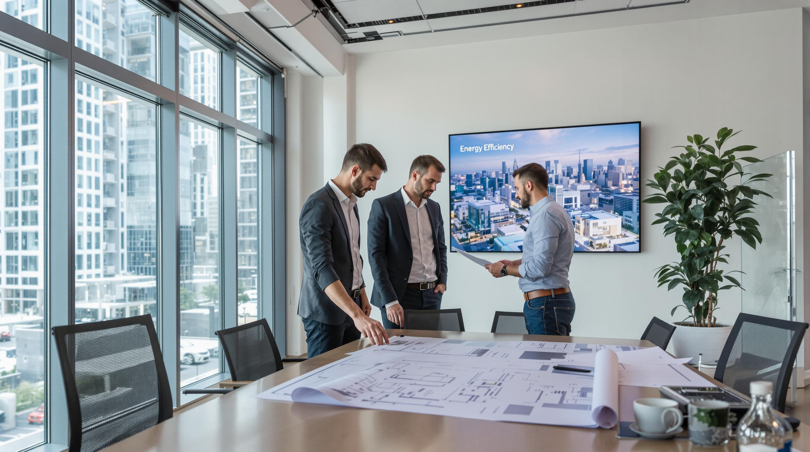 Architects discuss plans in office with thermal glass and energy efficiency text