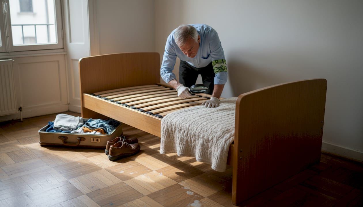 Uomo che controlla attentamente le doghe del letto con una lente d’ingrandimento