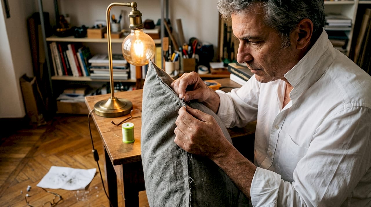 Un uomo controlla il cuscino alla ricerca di eventuali tracce di insetti o segni di infestazione.