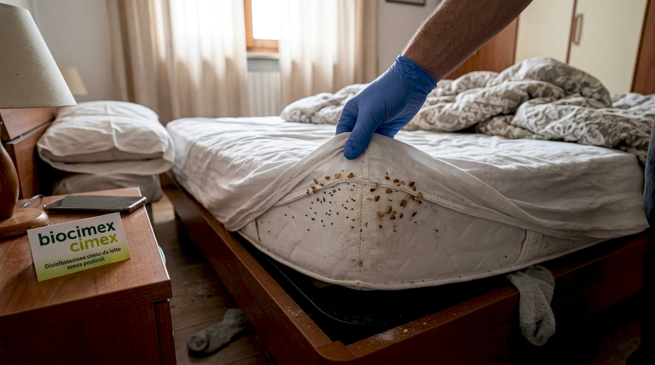 Dettaglio ravvicinato di tracce lasciate dalle cimici da letto sul materasso