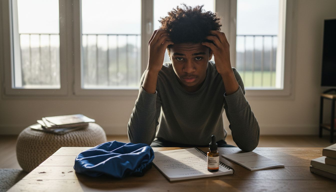 Un adolescent examine attentivement ses cheveux crépus et fragiles, soucieux de leur état.