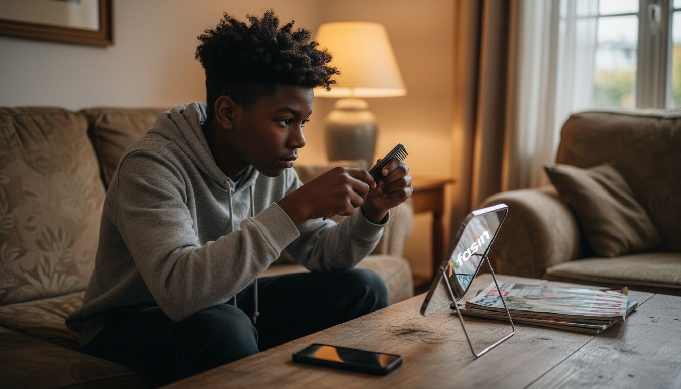 Un ado prend son temps pour démêler ses cheveux crépus avec délicatesse.