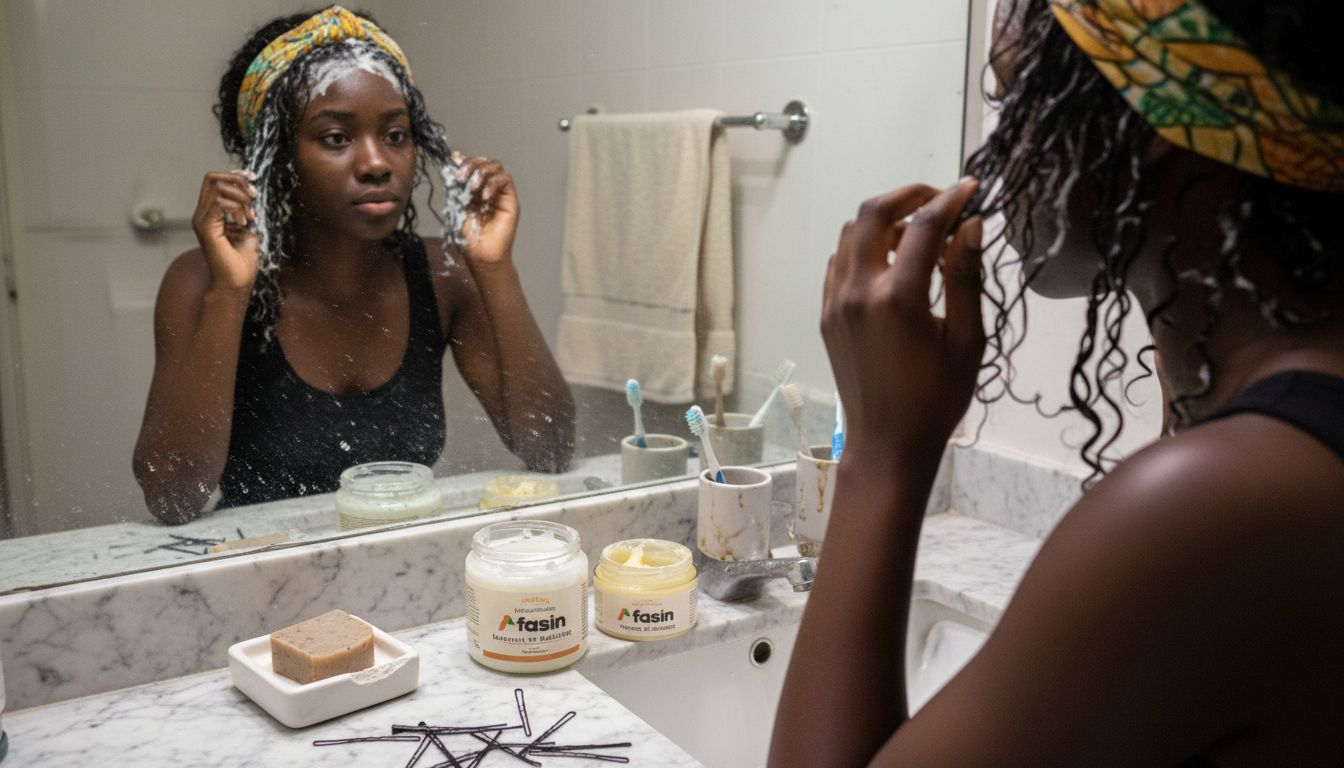 Une femme applique un masque capillaire sur ses cheveux afro humides, soigneusement séparés en sections.
