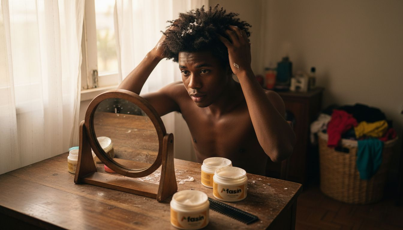 Soins hydratants pour cheveux crépus : la routine d’un homme devant son miroir