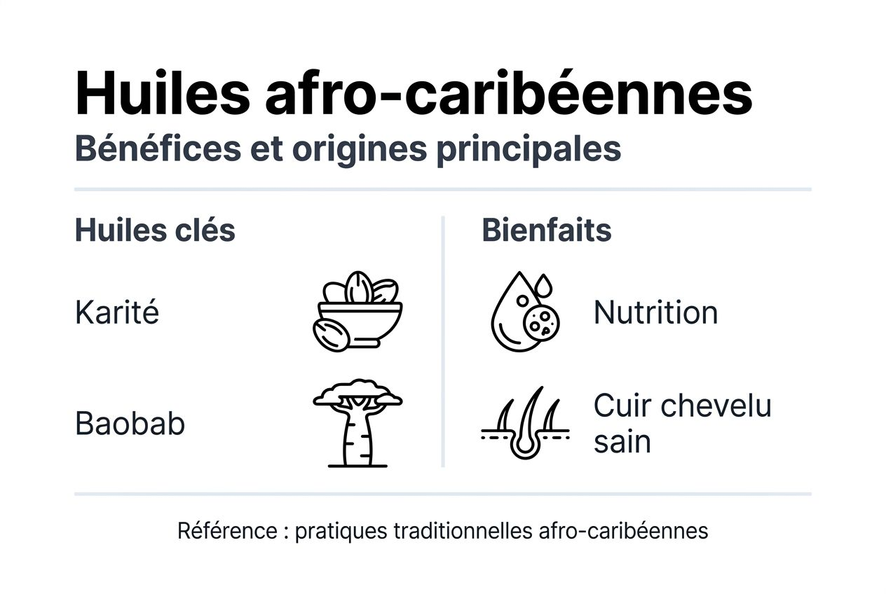 Découvrez en image les vertus des huiles afro-caribéennes : un concentré de bienfaits pour votre peau et vos cheveux.