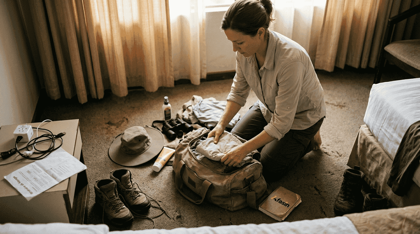 Dans sa chambre d’hôtel, une femme s’affaire à préparer ses vêtements et son équipement pour le safari du lendemain.