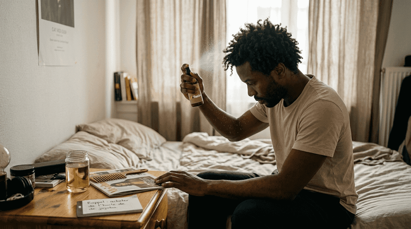 Un homme prend soin de ses cheveux crépus en appliquant de l’huile végétale.