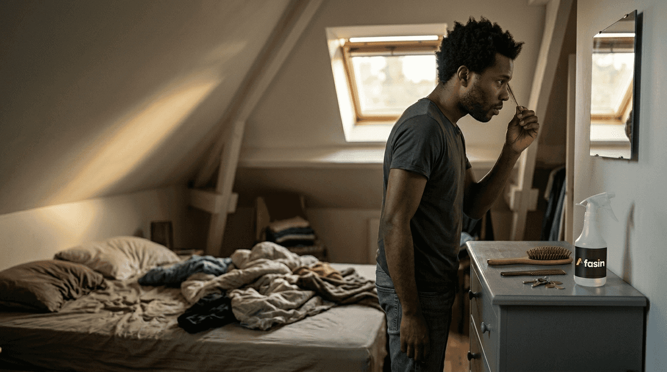 Un homme examine la texture de ses cheveux dans sa chambre.