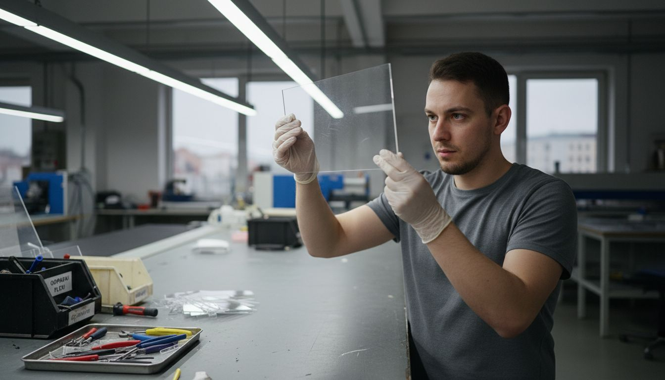 Pracownik dokładnie sprawdza, czy krawędź plexi po cięciu laserowym jest gładka.