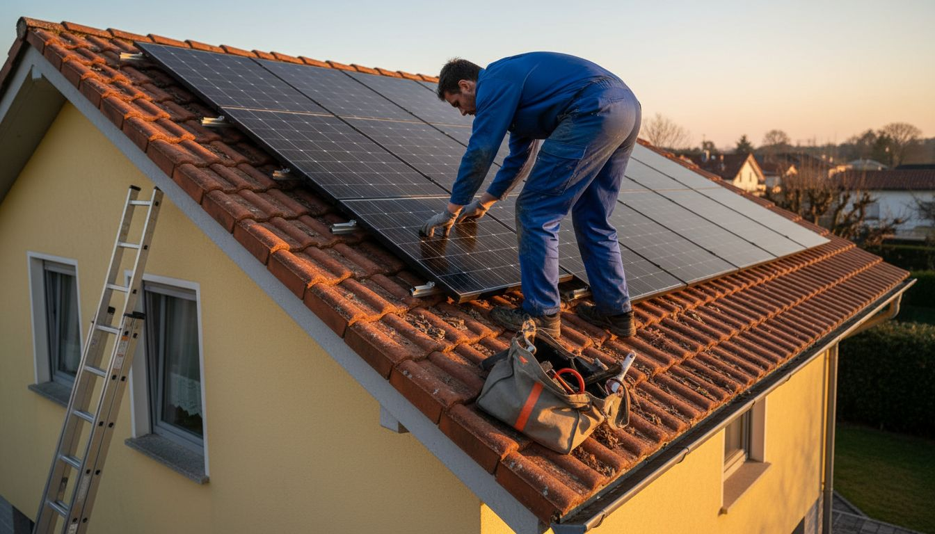 Un tecnico sta montando dei pannelli solari sul tetto di una casa.