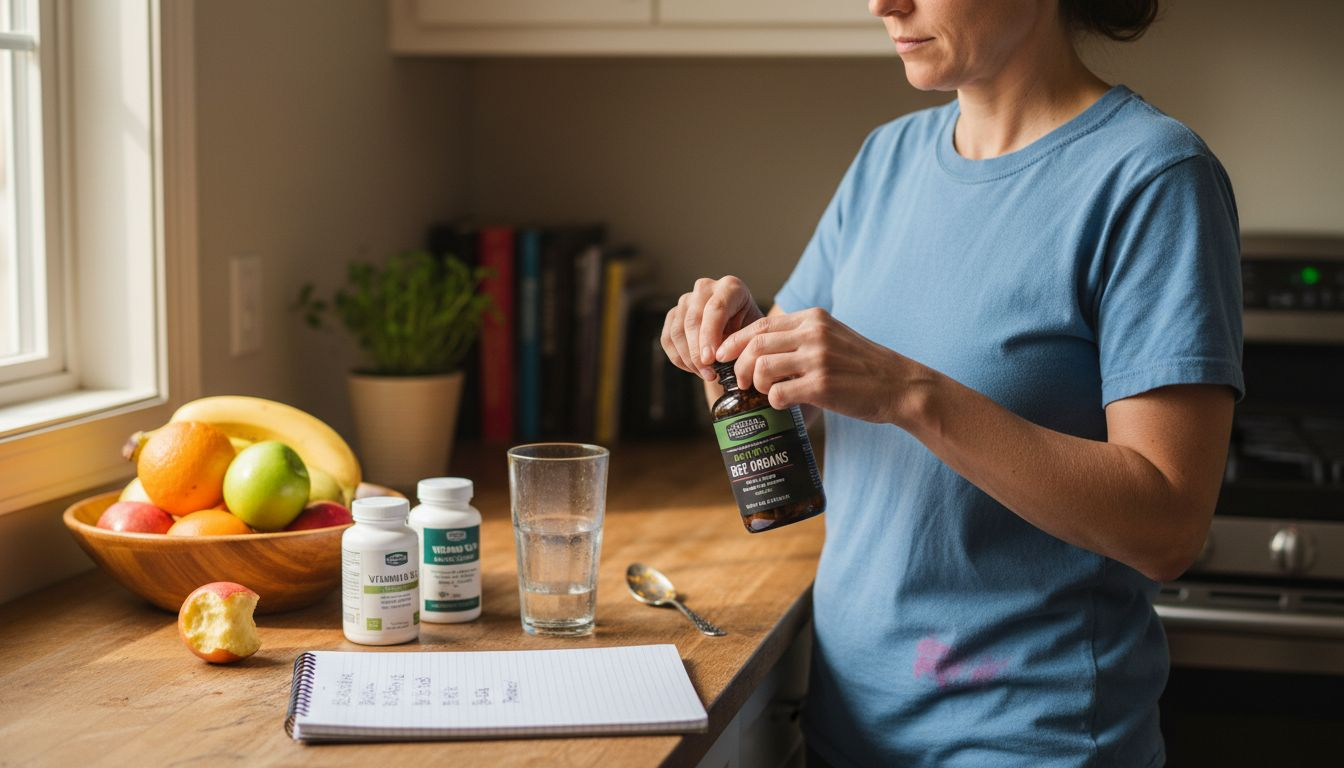 Woman opening beef organ supplement bottle in kitchen