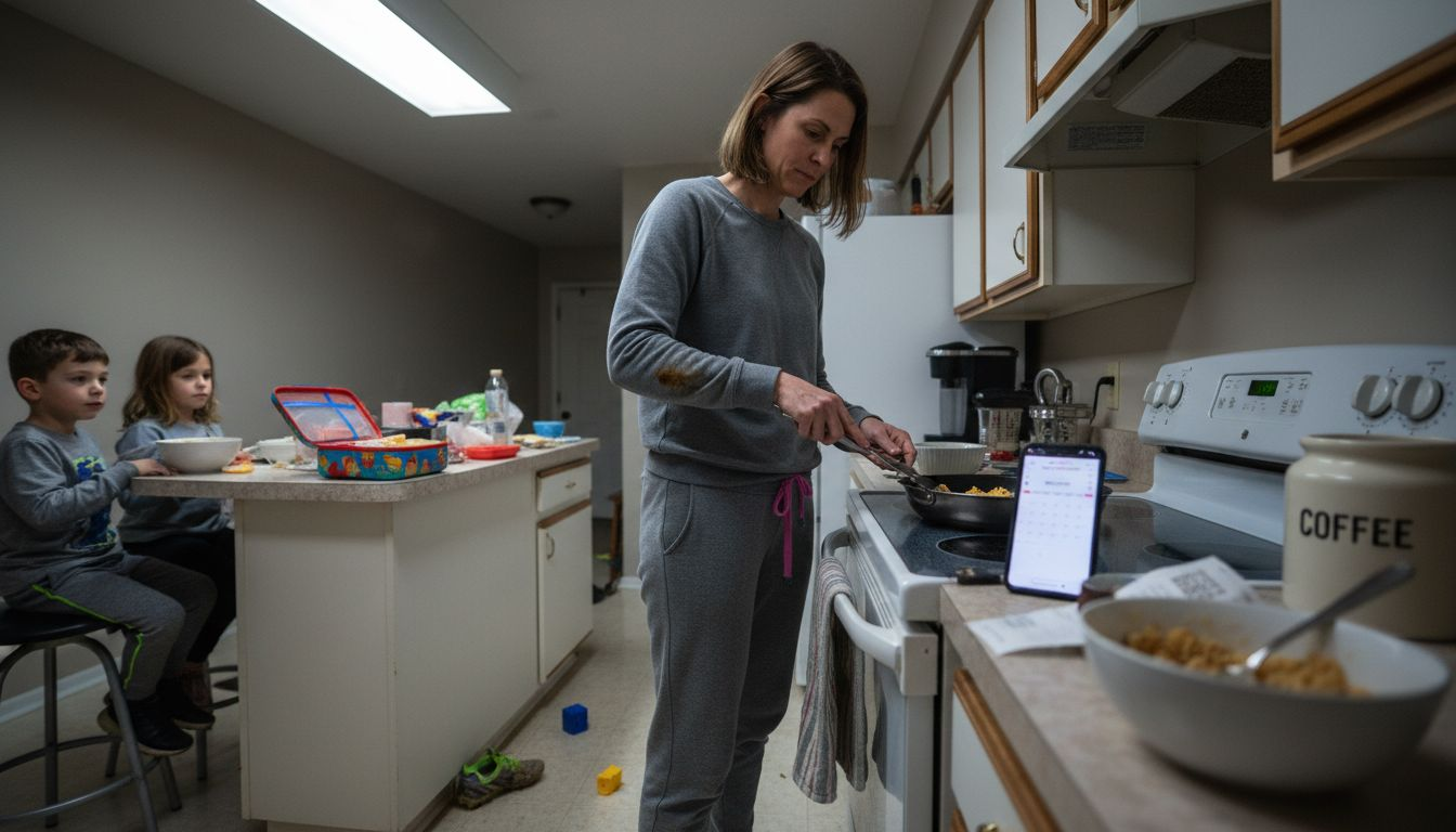Mother multitasking during busy morning routine