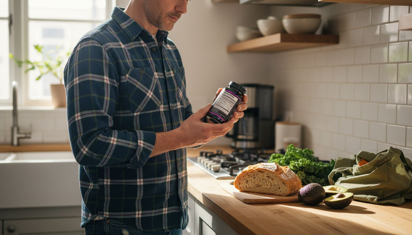 Man checking beef supplement label kitchen
