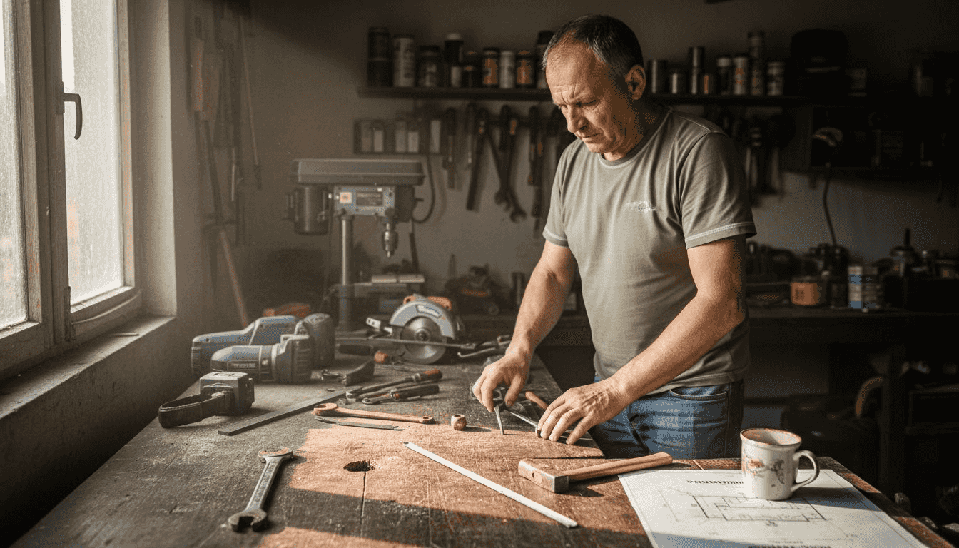 Mężczyzna przegląda narzędzia w swoim warsztacie, zastanawiając się, kt&oacute;re z nich najlepiej sprawdzą się do zaplanowanej pracy.