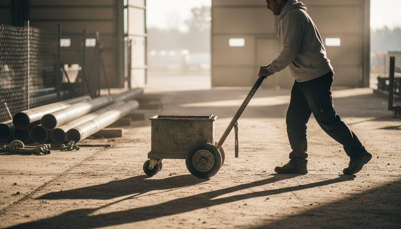 Na placu budowy jeden z pracownik&oacute;w przemieszcza w&oacute;zek z narzędziami.