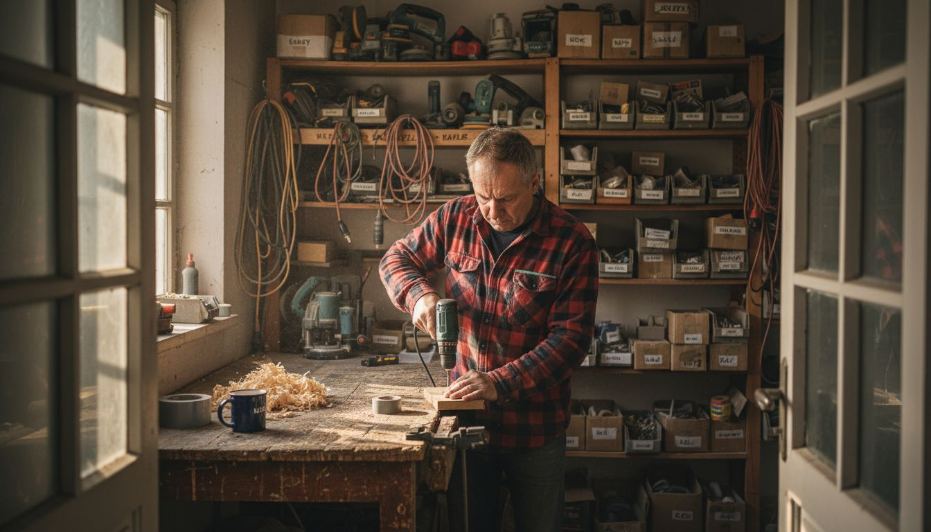Mężczyzna pracuje w zagraconym warsztacie, używając wiertarki.