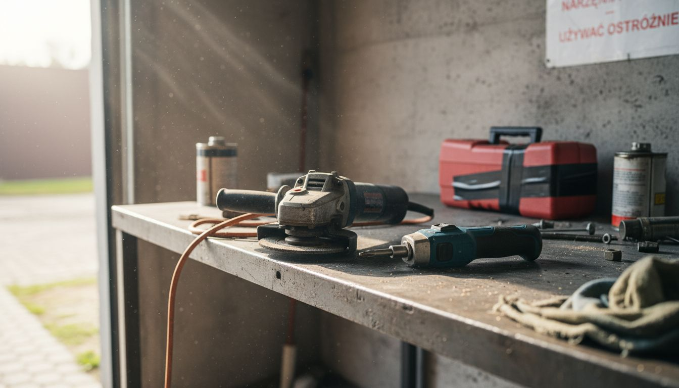 Na stole w garażu leżą zar&oacute;wno narzędzia na prąd, jak i te zasilane akumulatorowo.
