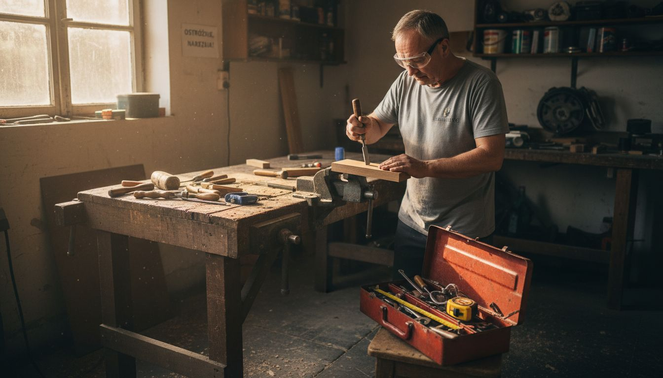 Pracownik przygotowuje narzędzia do bezpiecznej pracy w garażu.