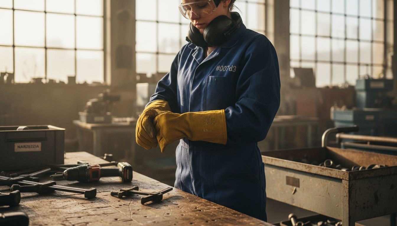 Pracownik zakłada rękawice ochronne na stanowisku pracy.