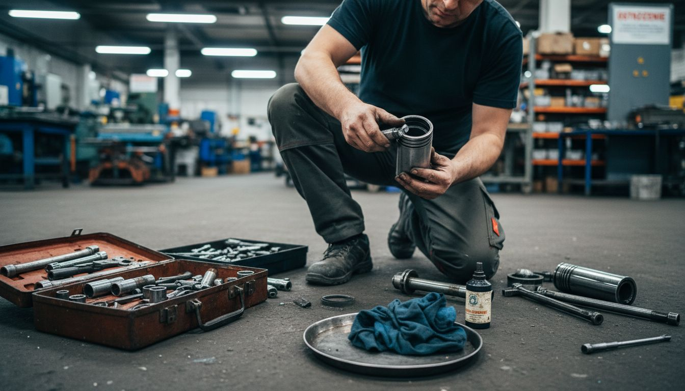 Serwisant sprawdza elementy siłownika pneumatycznego.