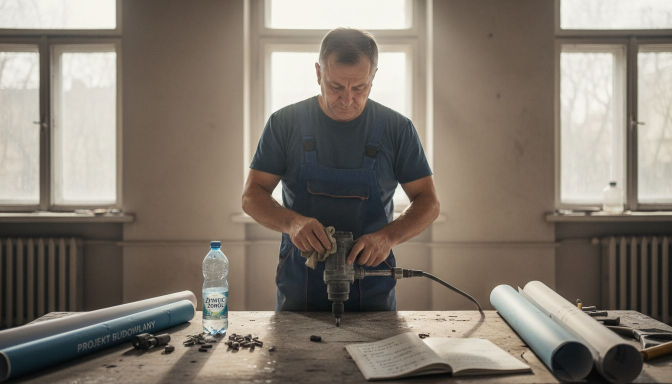 Inżynier przygotowuje na miejscu prac wiertarkę pneumatyczną do działania.