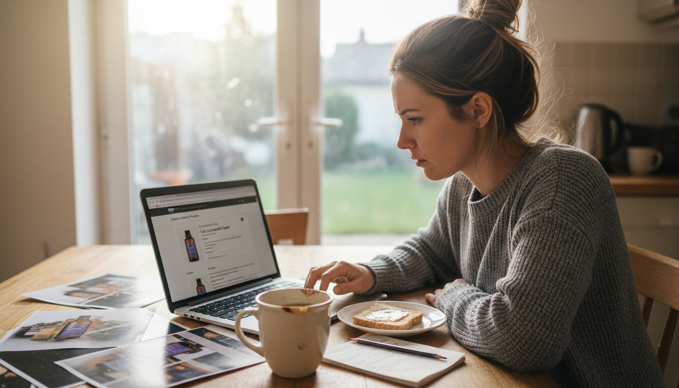 O femeie lucrează de acasă la actualizarea descrierii unui produs pe Amazon.