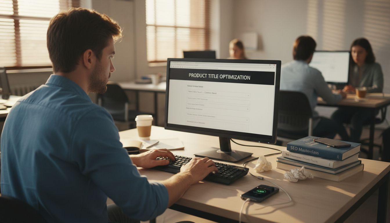 Worker optimizing Amazon product listing at desk