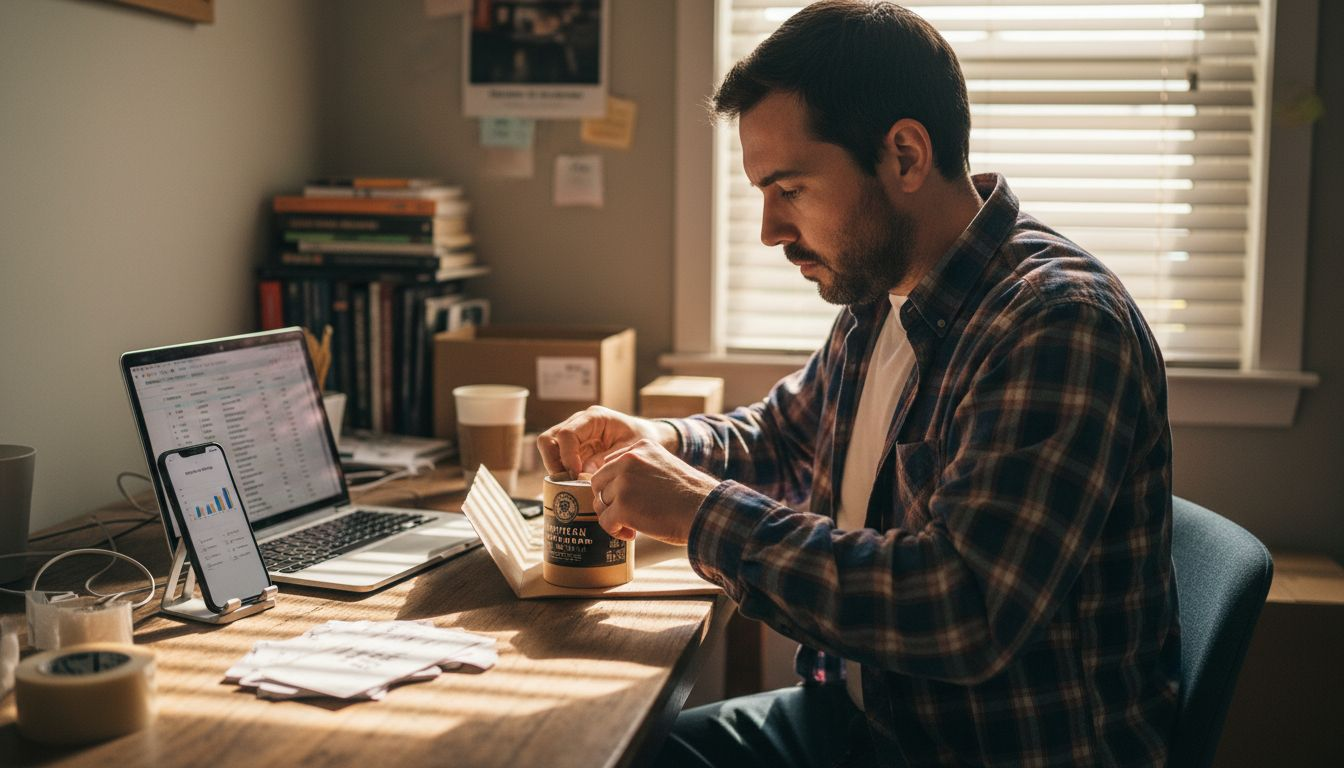 Seller packing product and managing Amazon orders