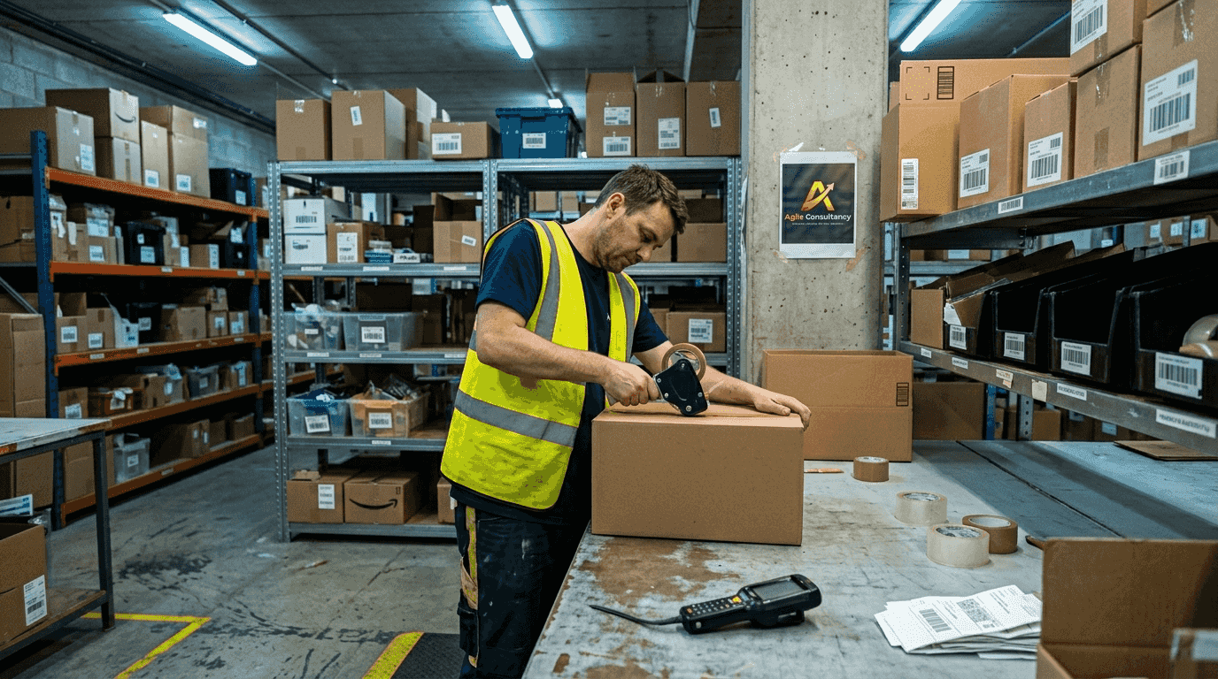 Worker sealing box in Amazon fulfillment center