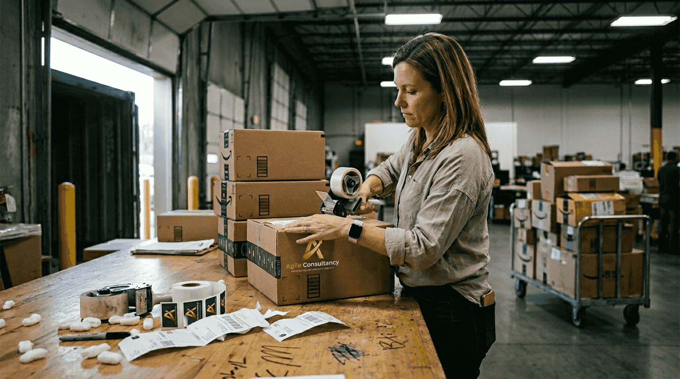 Brand manager applying labels to Amazon packages