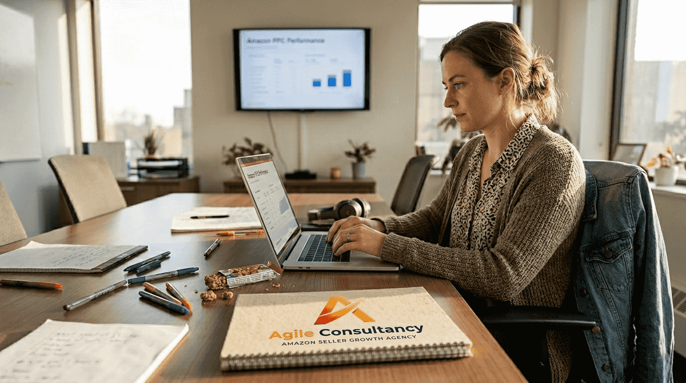 Marketer optimizing Amazon PPC at meeting table