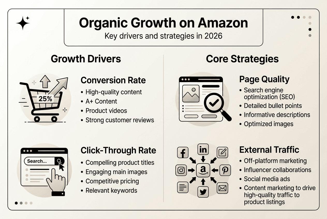 Infographic showing Amazon organic growth drivers and strategies