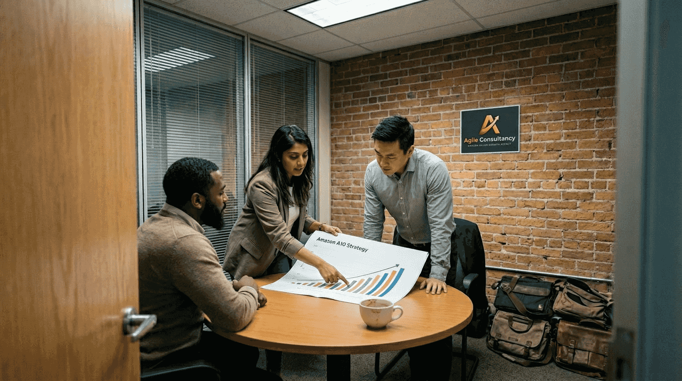 Team meeting reviewing Amazon strategy materials