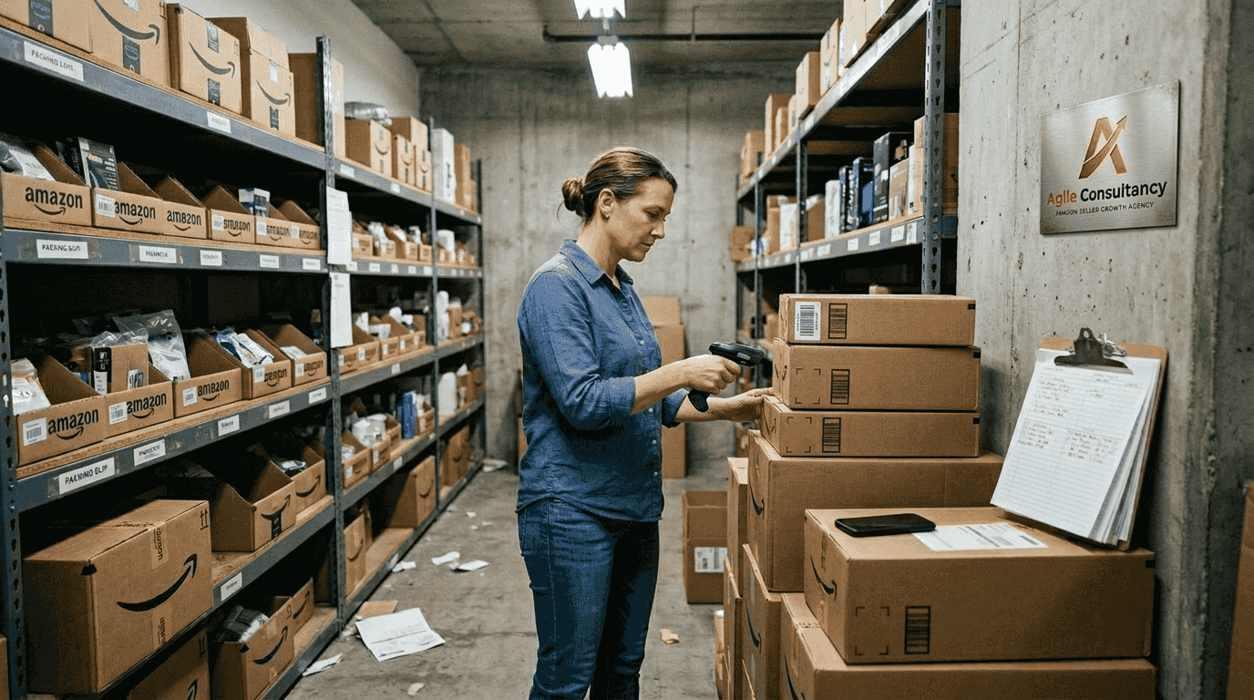 Worker scanning inventory in Amazon stockroom