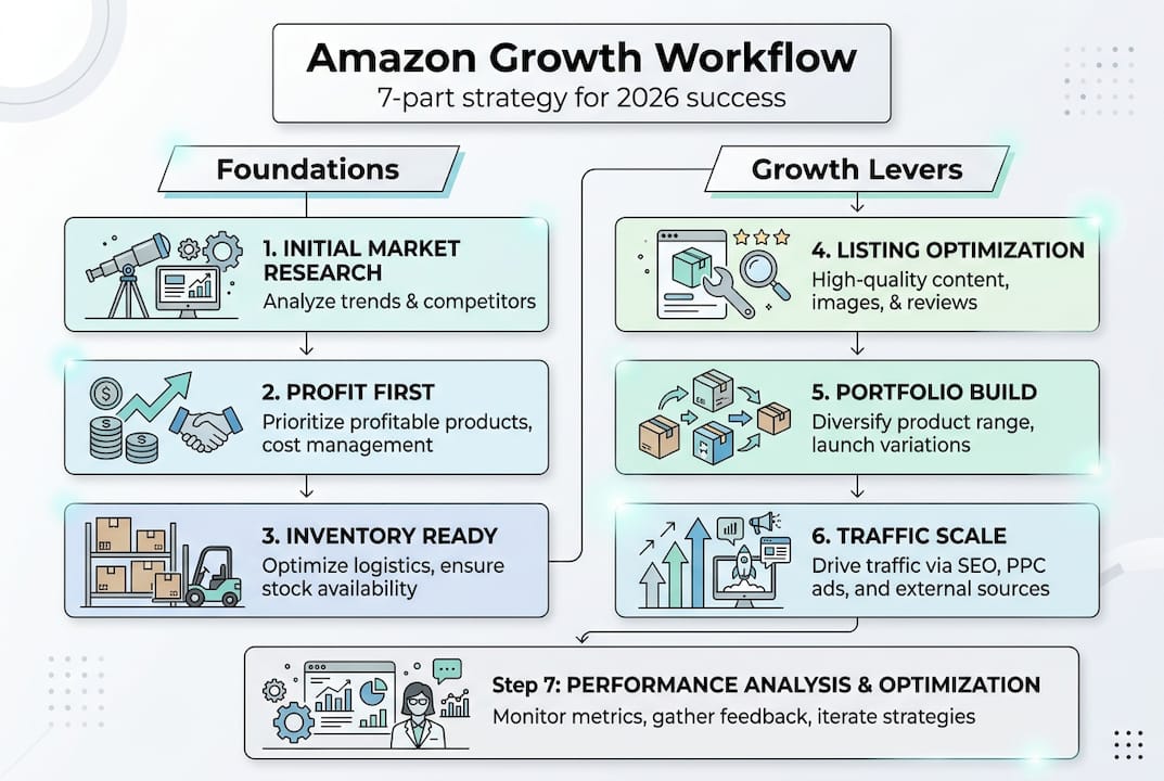 Infographic with Amazon workflow strategy steps