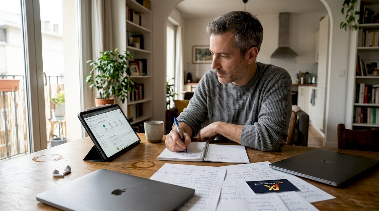 Bărbat care își organizează pașii pentru a vinde pe Amazon