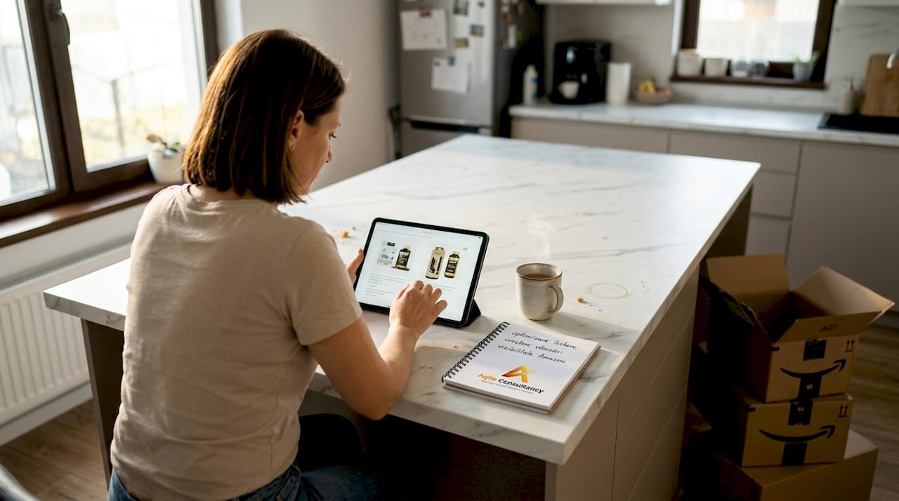 O femeie răsfoiește ofertele de produse, sprijinită de blatul din bucătărie.