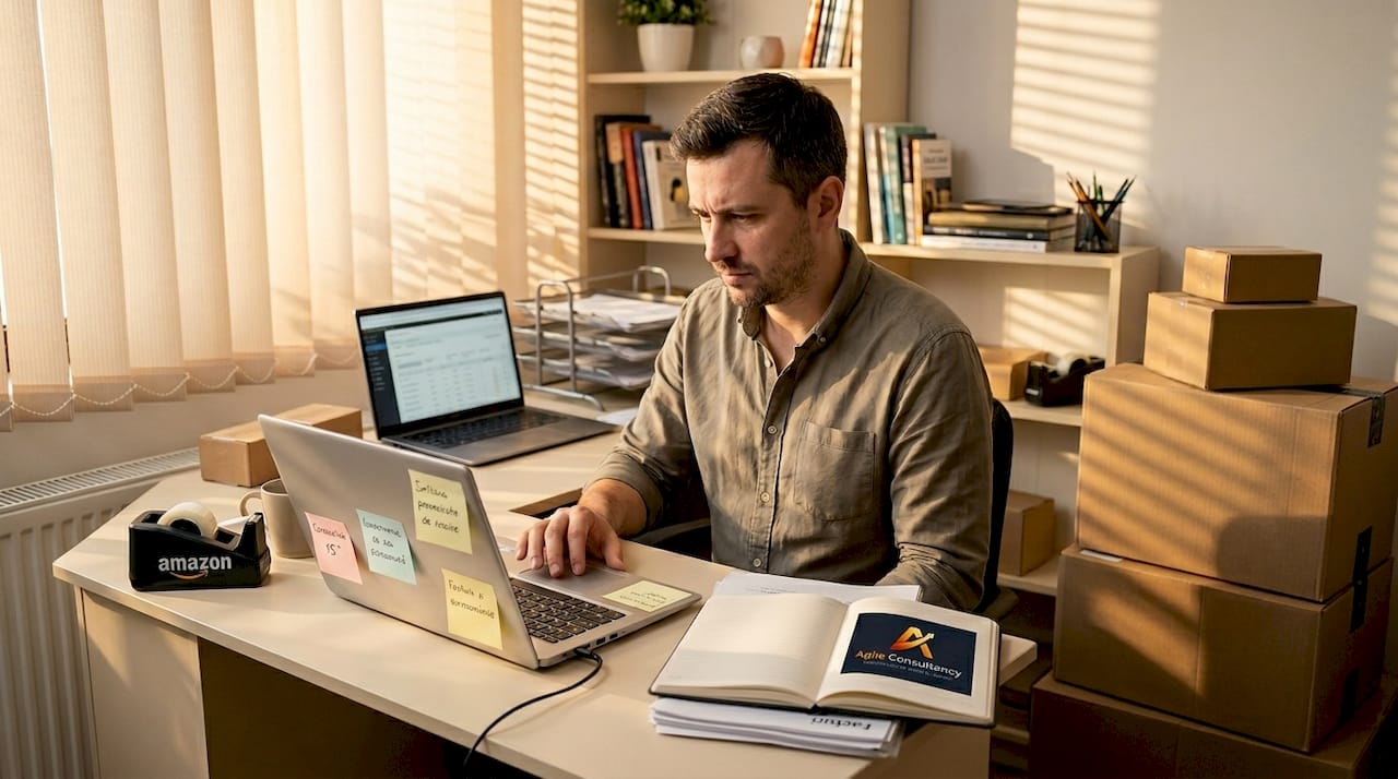 Seller Amazon analizează rapoarte la birou cu cutii de colete