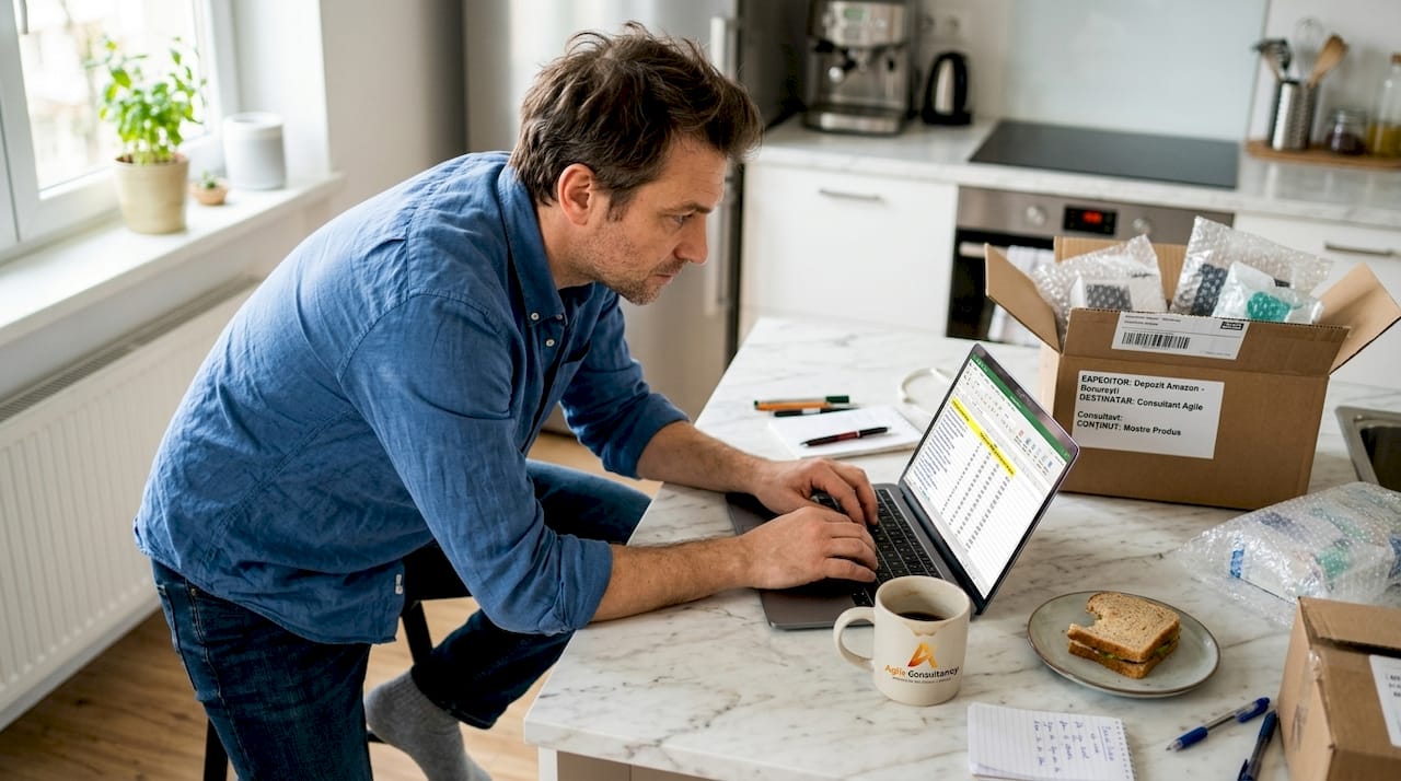 Un bărbat tastează cuvinte-cheie într-un tabel pe laptop.