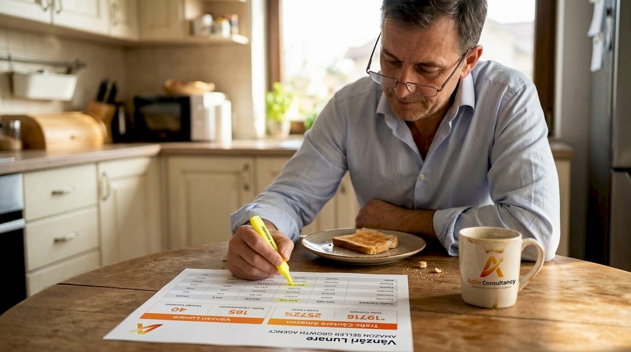 Un bărbat analizează și notează datele de performanță Amazon, așezat la masă.