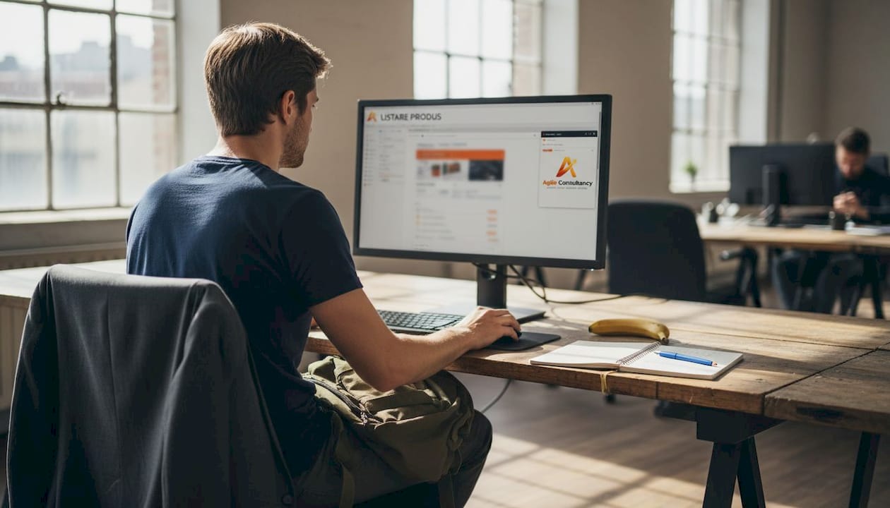 Un bărbat modifică titlul unui produs, lucrând la biroul său într-un spațiu de tip open-space.