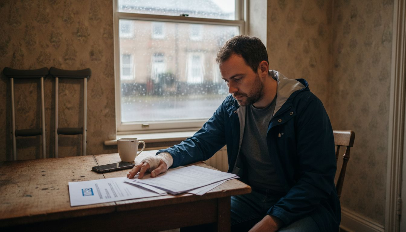 Scottish man handling injury claim paperwork at kitchen table