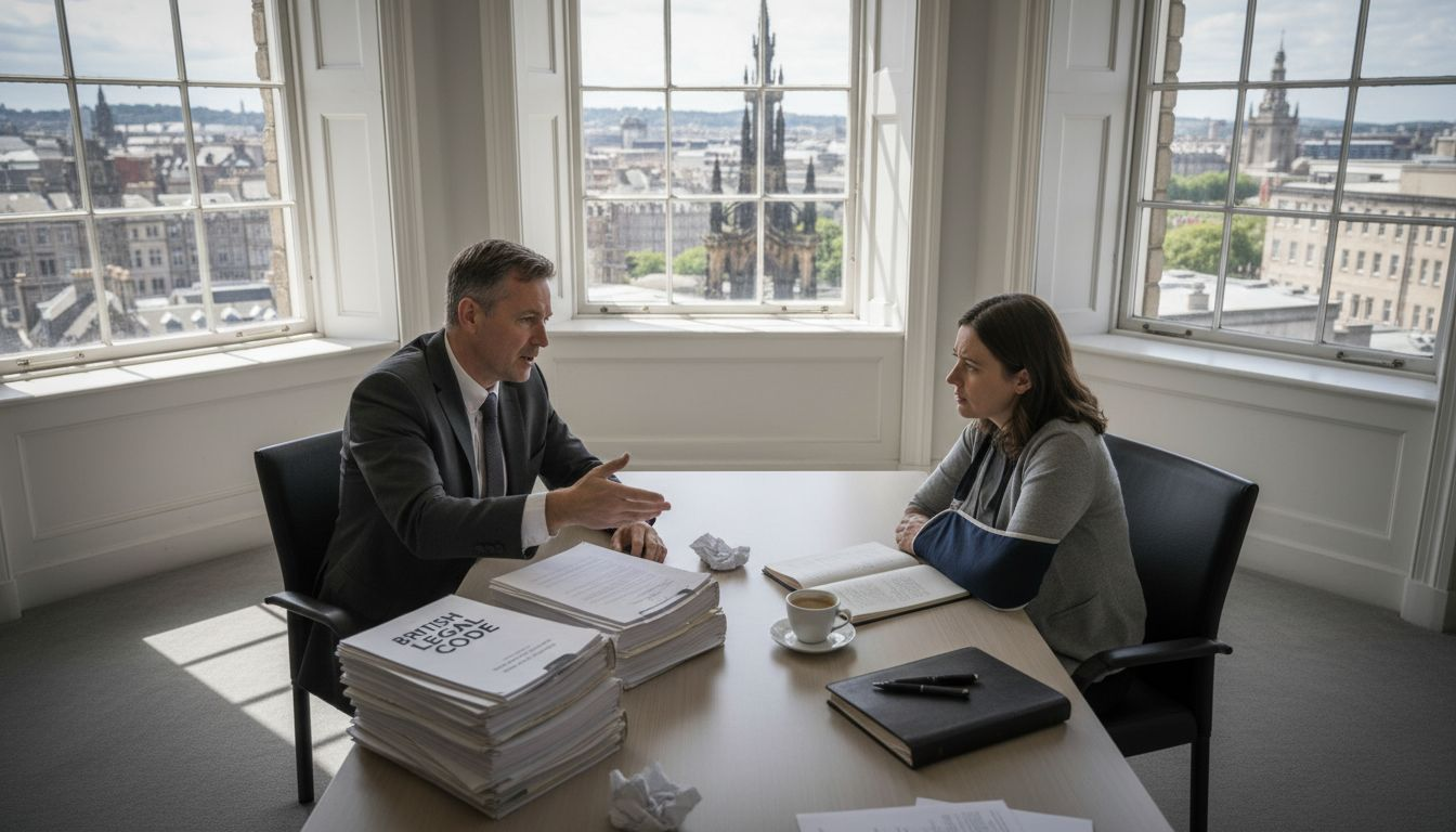 Scottish solicitor advising injured client in office