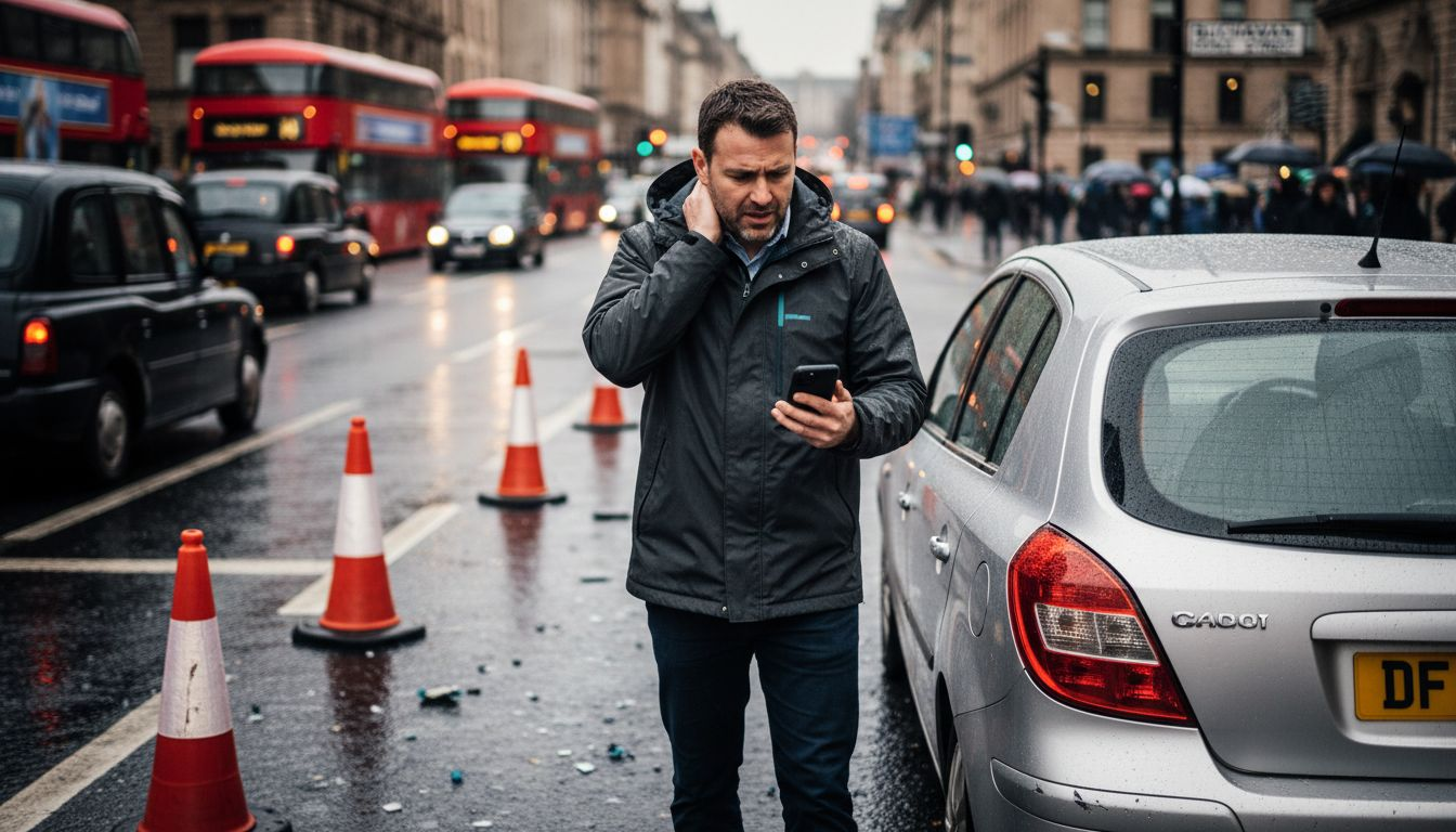 Driver examines neck after collision